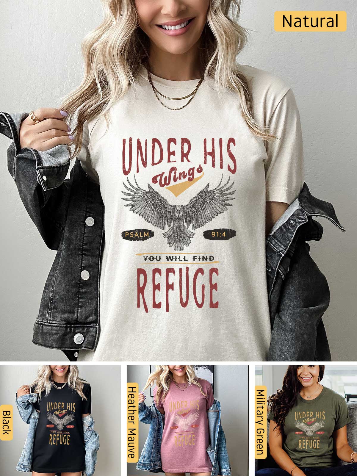 a woman wearing a t - shirt that says under his refuge