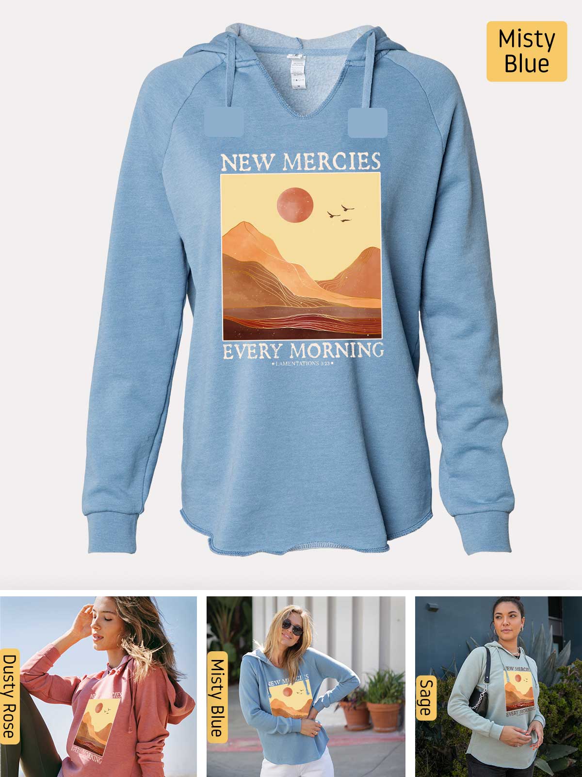 a blue sweatshirt with a picture of a woman wearing a new mercies sweatshirt