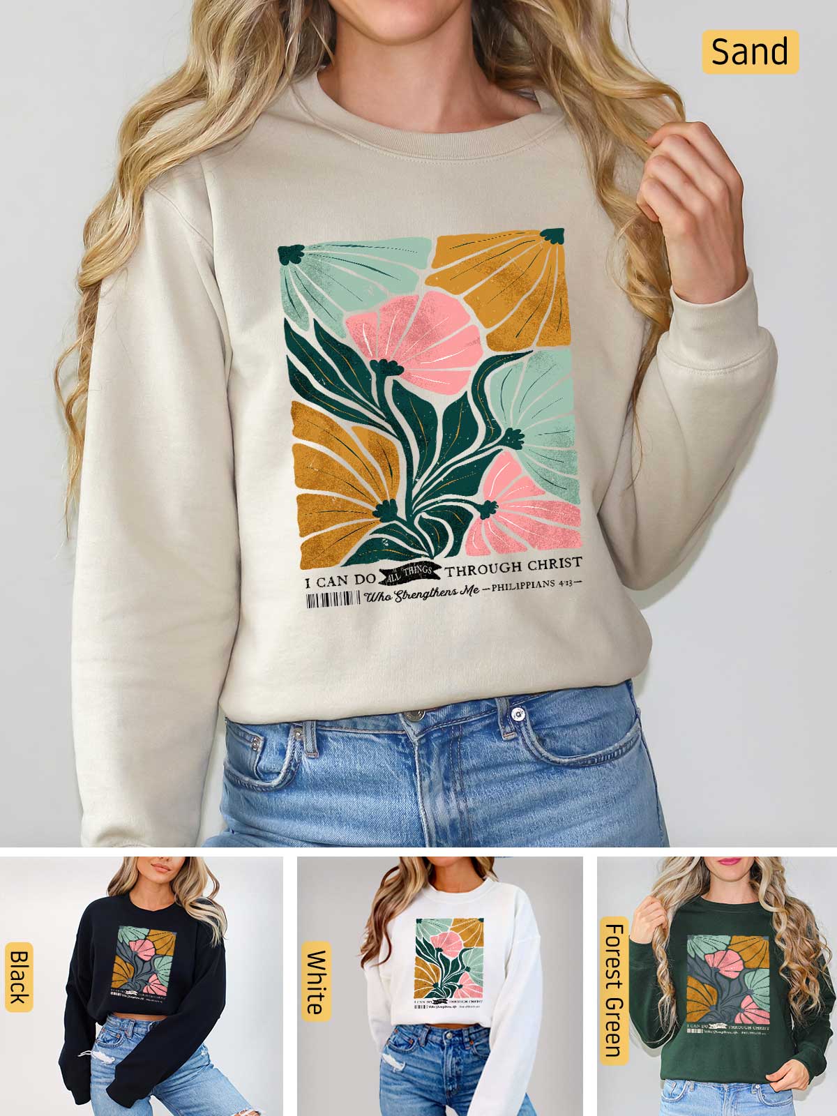 a woman wearing a sweatshirt with flowers on it