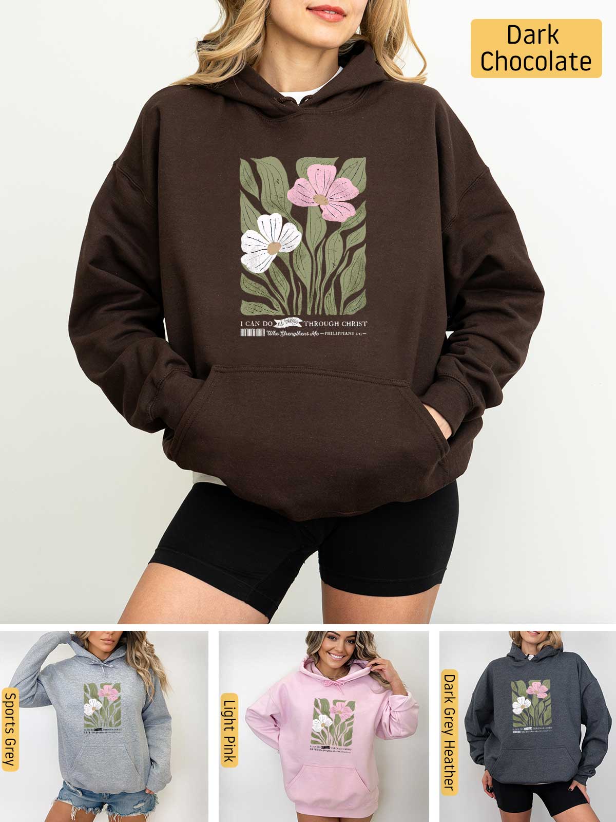 a woman wearing a hoodie with flowers on it