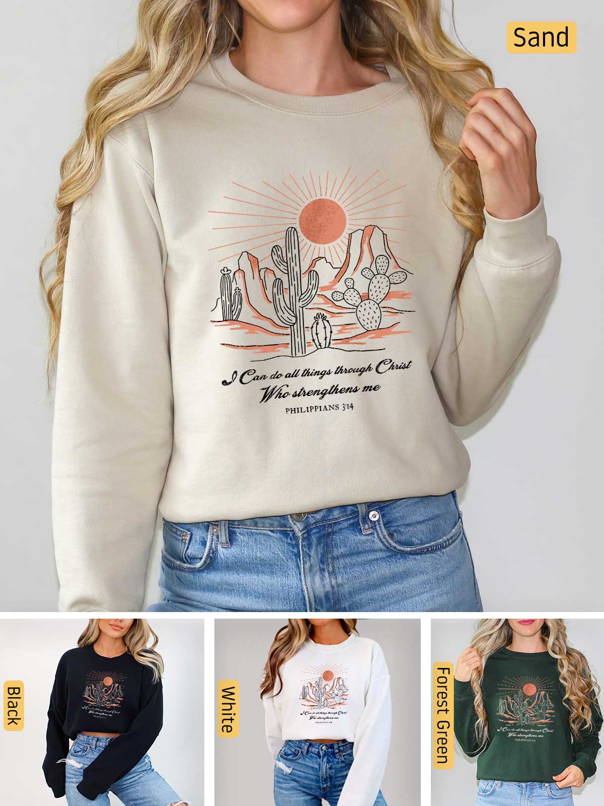 a woman wearing a sweatshirt with a cactus on it