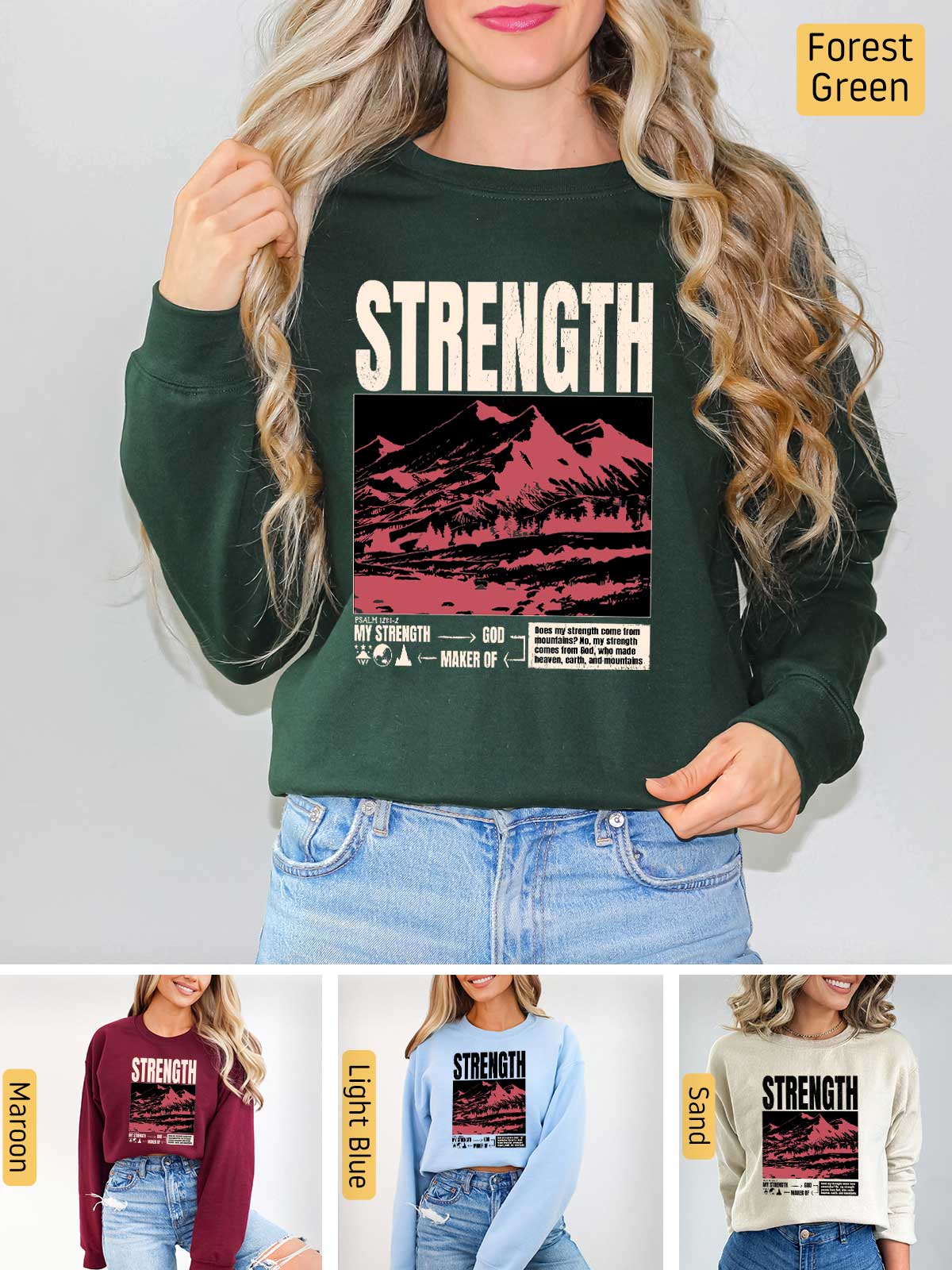 a woman wearing a sweatshirt with the words strength on it