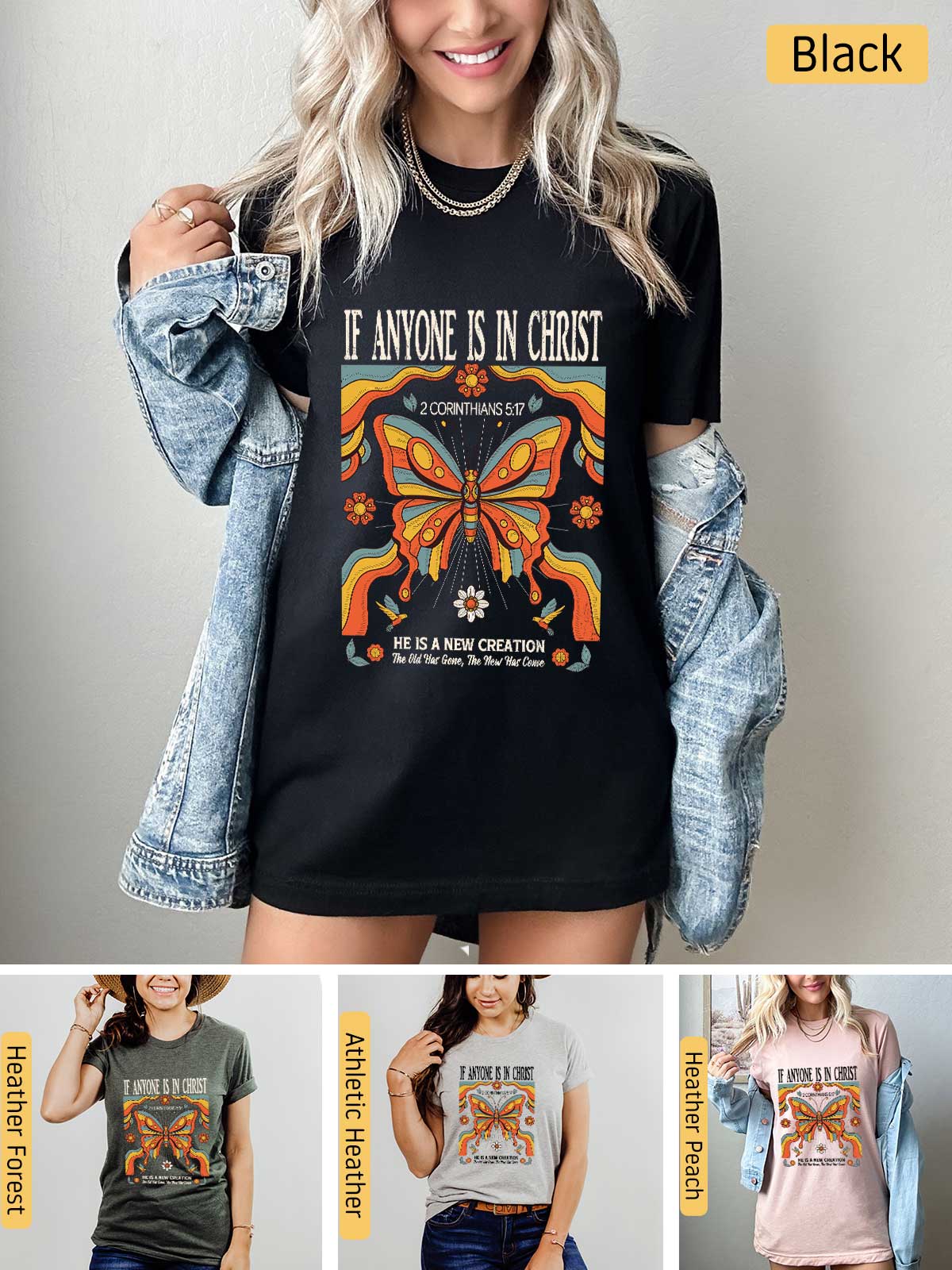 a woman wearing a black shirt with a butterfly on it