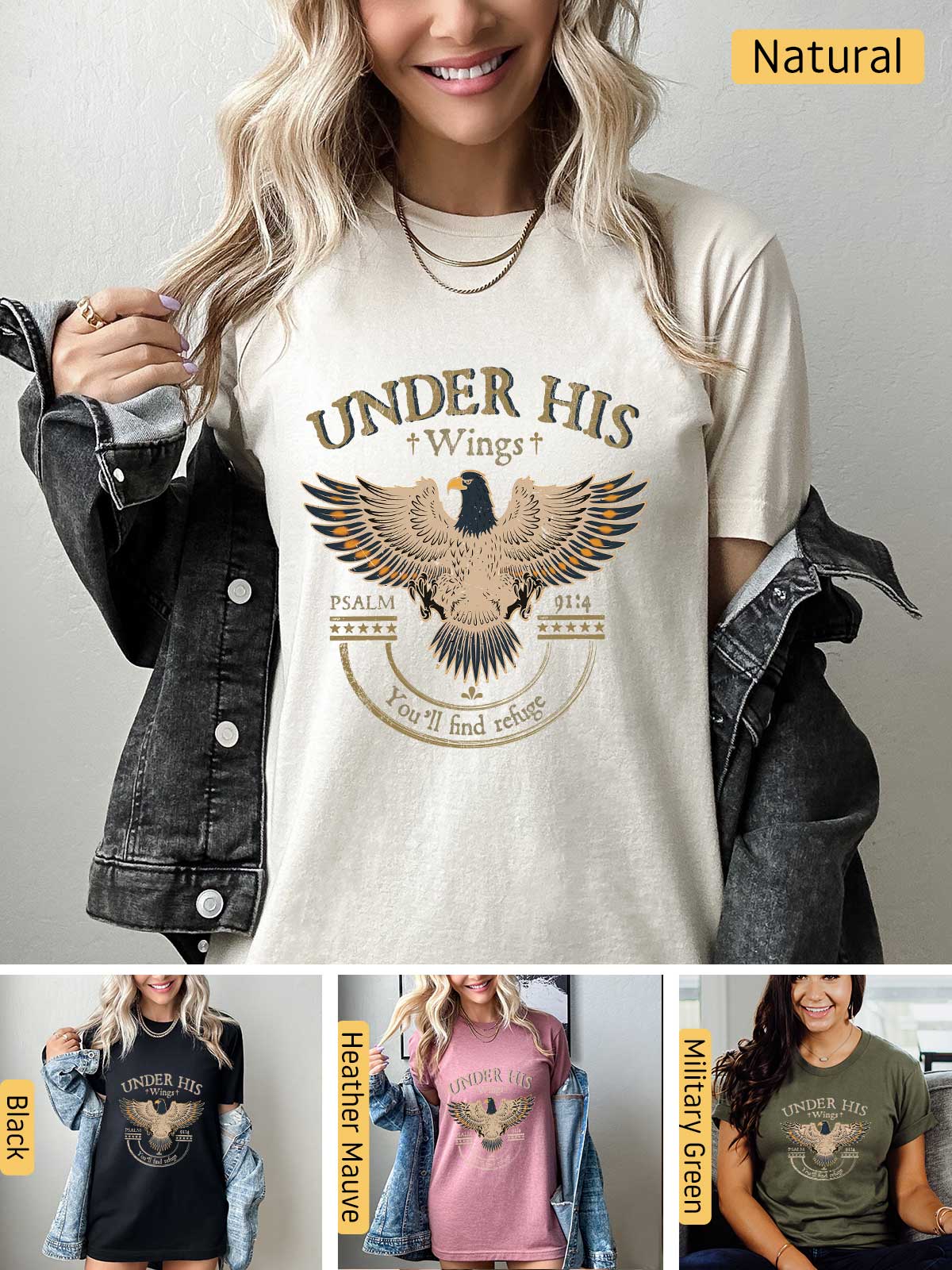 a woman wearing a t - shirt that says under his wings