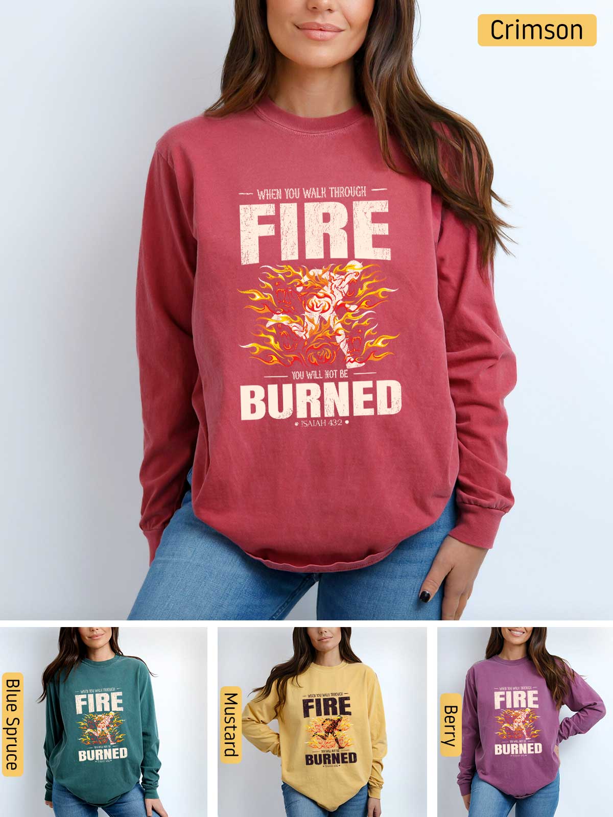 a woman wearing a fire burned sweatshirt