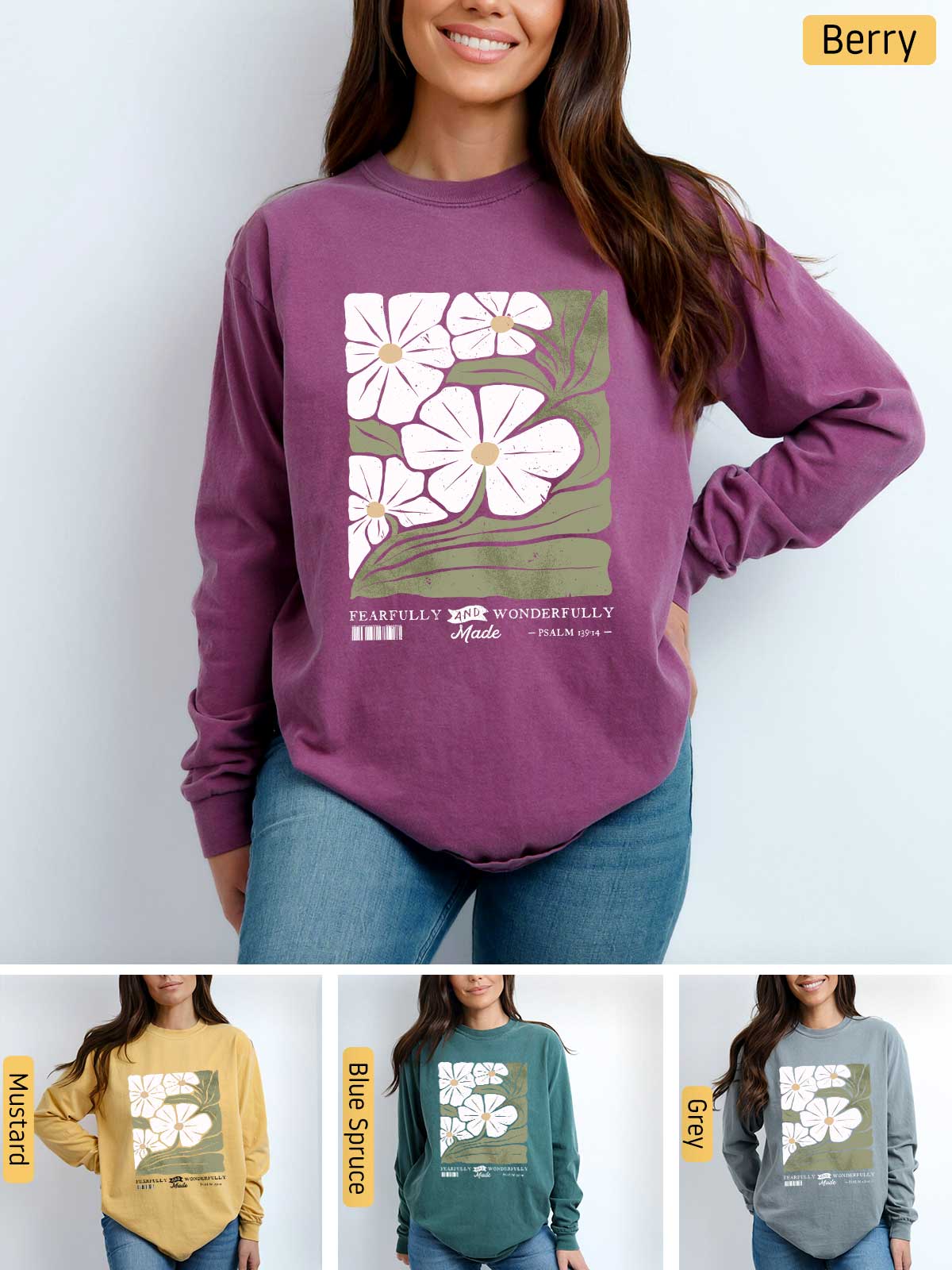 a woman wearing a sweatshirt with flowers on it