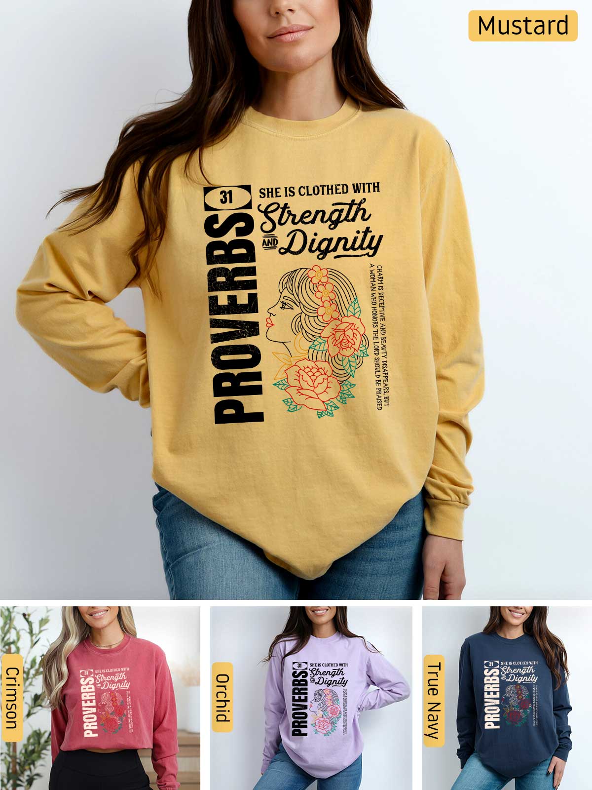 a woman wearing a yellow sweatshirt with the words, strength, and a picture of