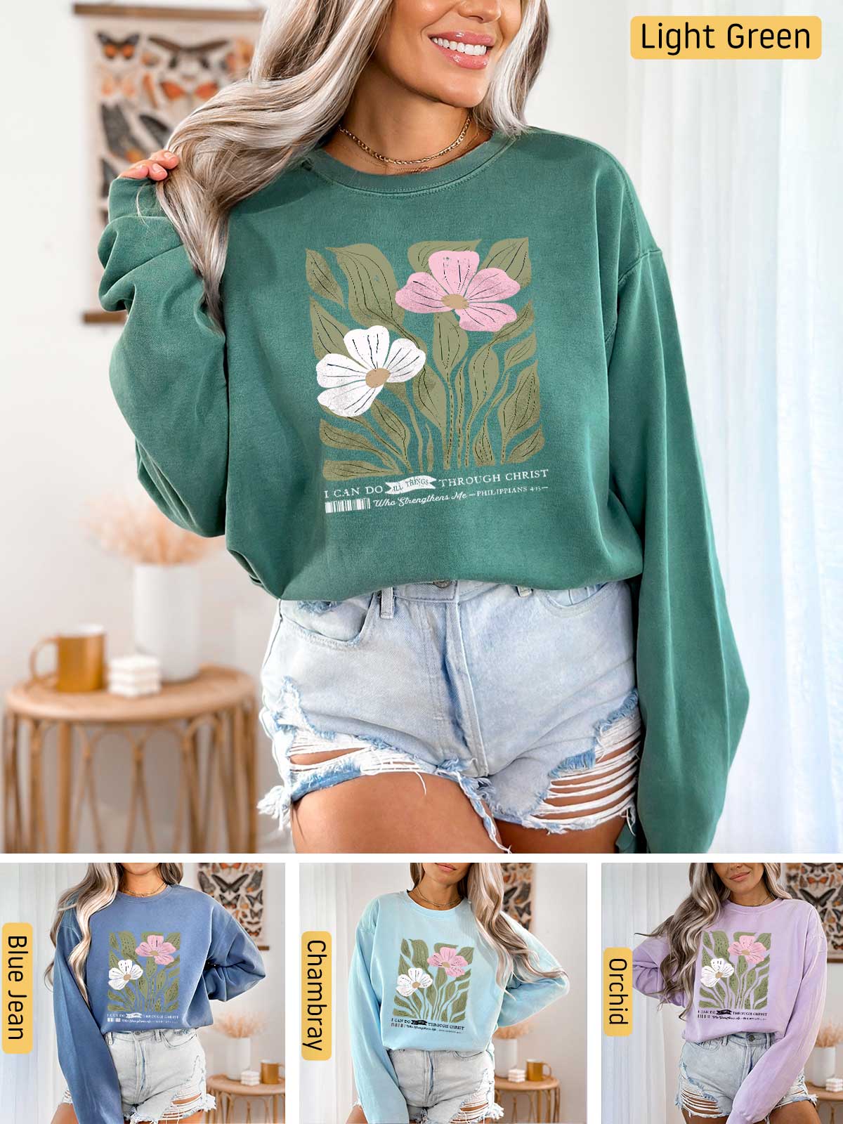 a woman wearing a green sweatshirt with flowers on it