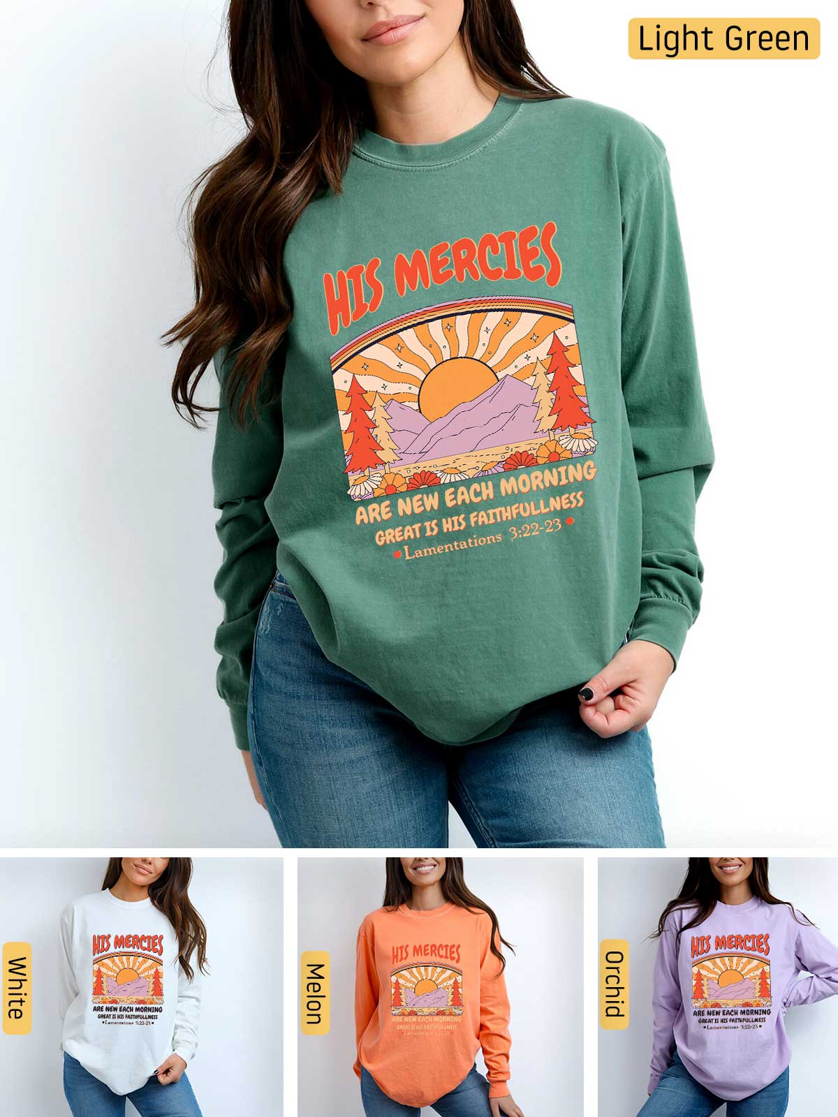 a woman wearing a sweatshirt with the words hot mercies on it