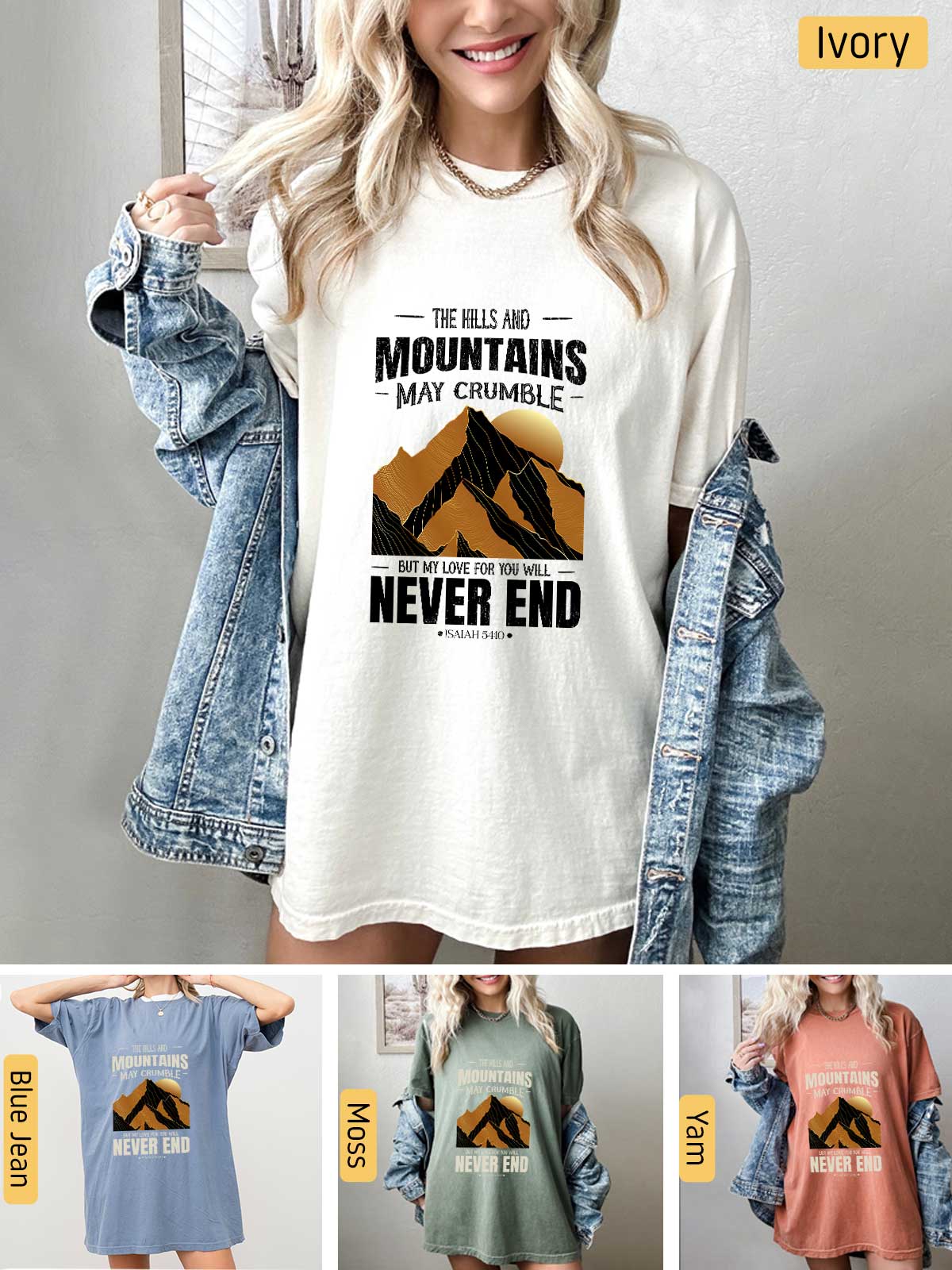 a woman wearing a white shirt with mountains on it