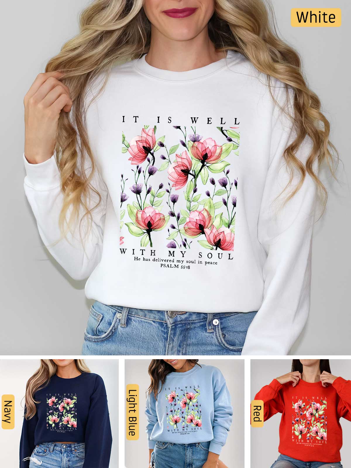 a woman wearing a sweatshirt with flowers on it