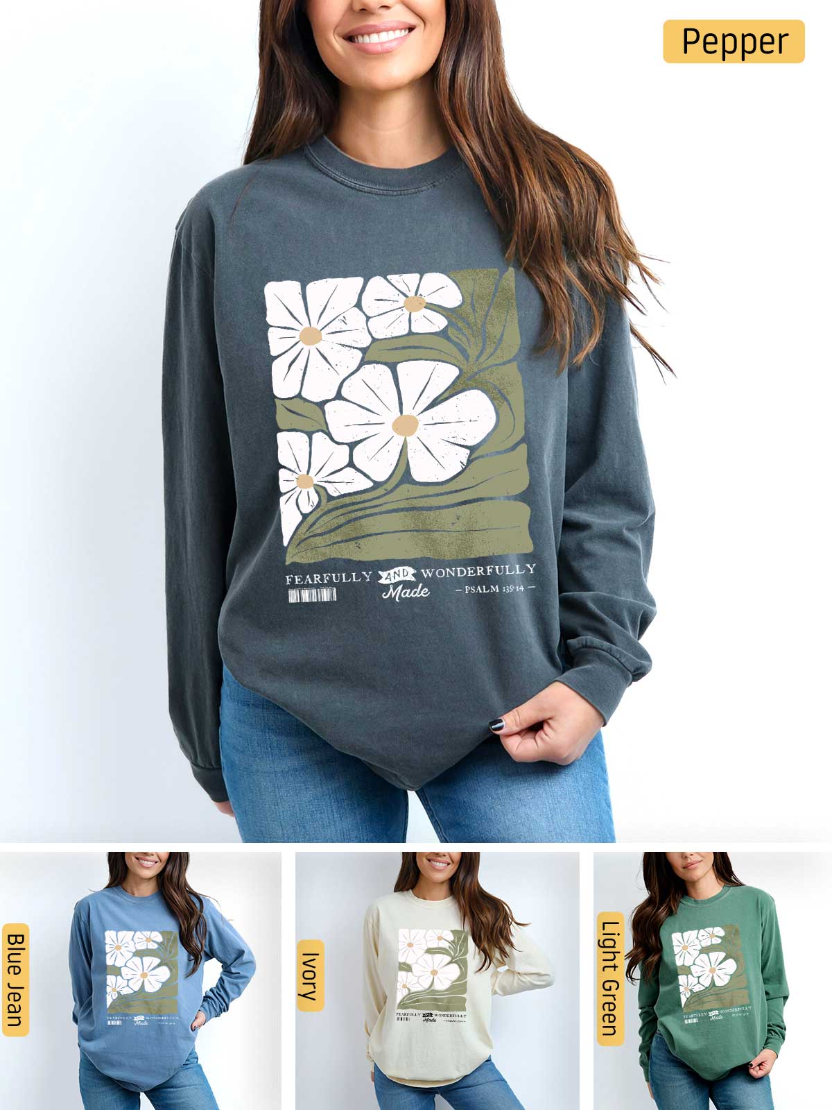 a woman wearing a sweatshirt with flowers on it