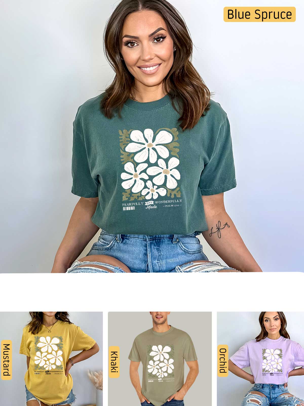 a woman wearing a t - shirt with flowers on it