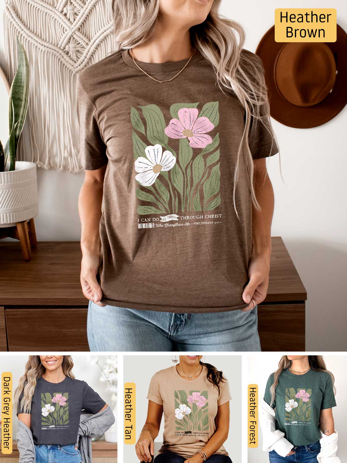 a woman wearing a t - shirt with flowers on it