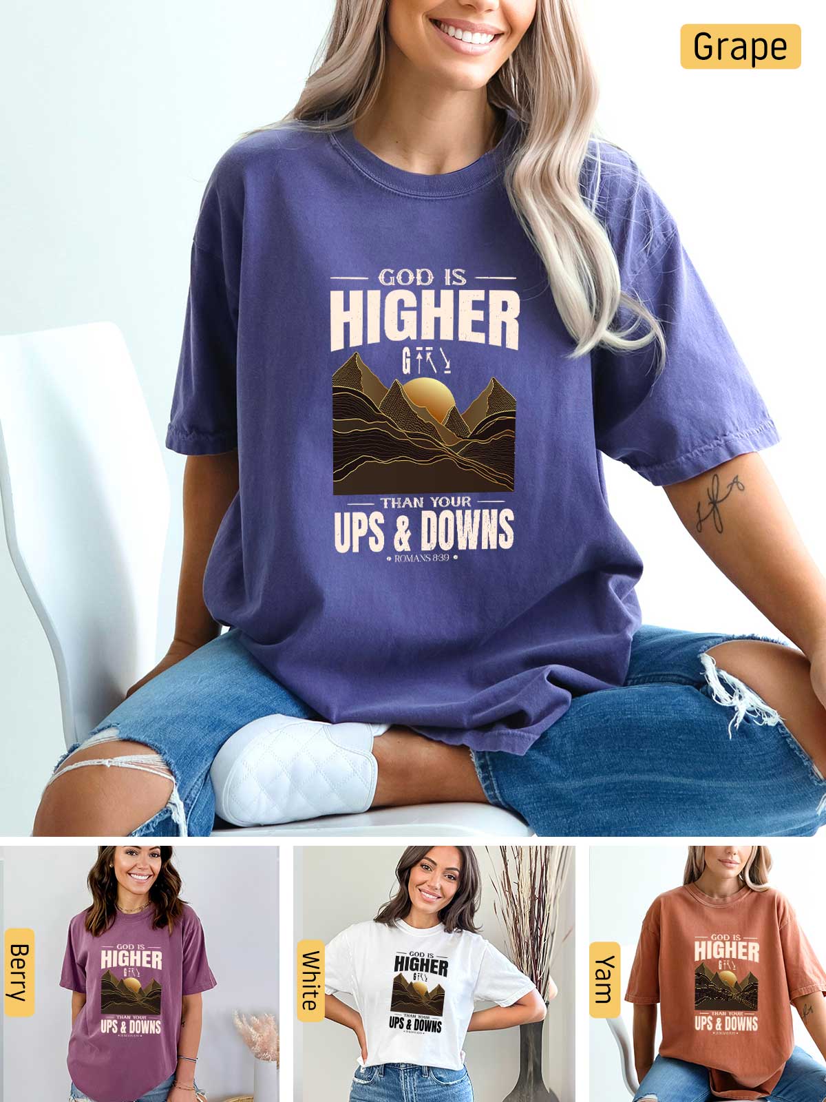 a woman wearing a t - shirt that says god is higher than ups and downs