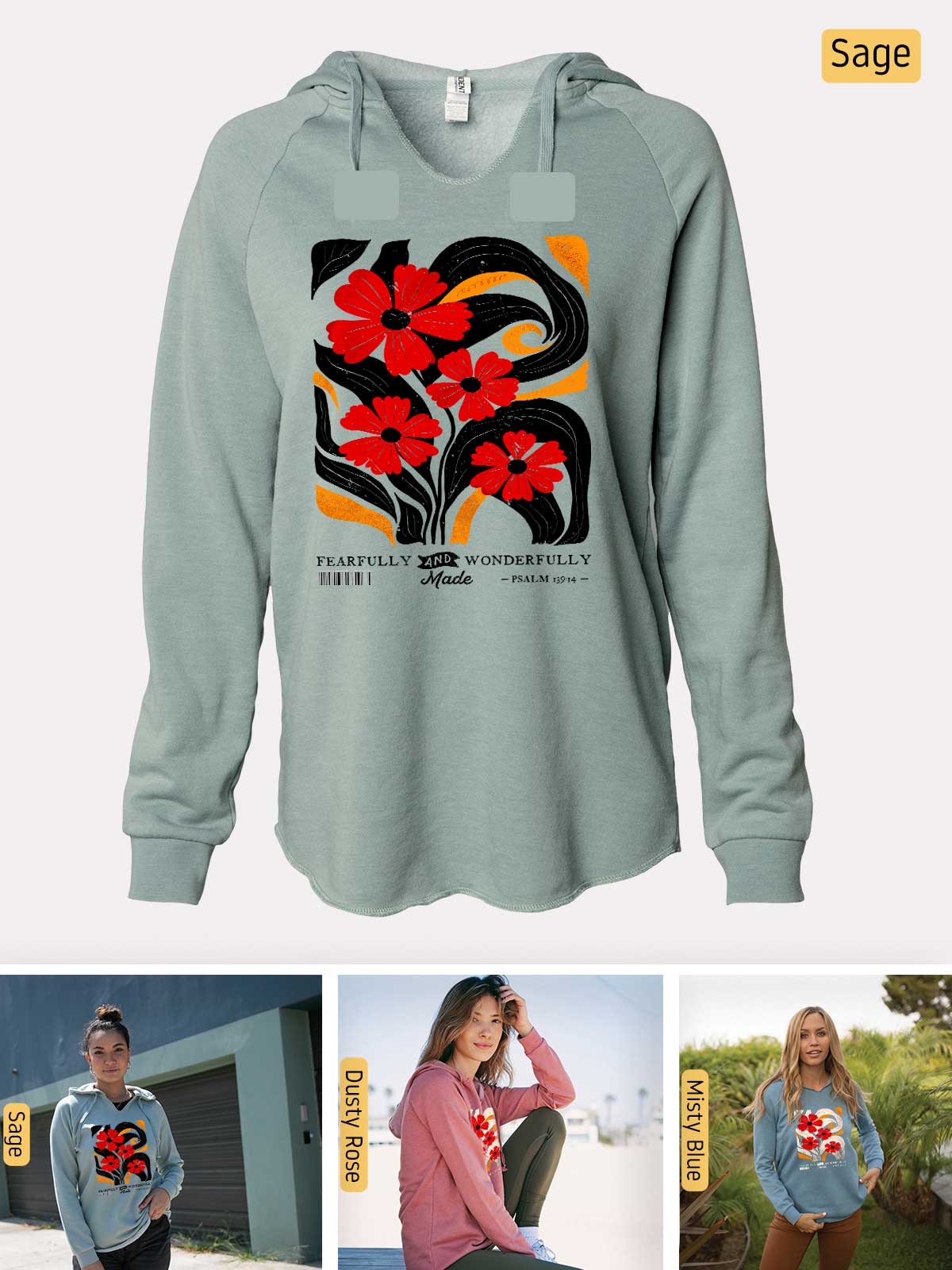 a women's sweatshirt with a picture of a woman sitting on a bench