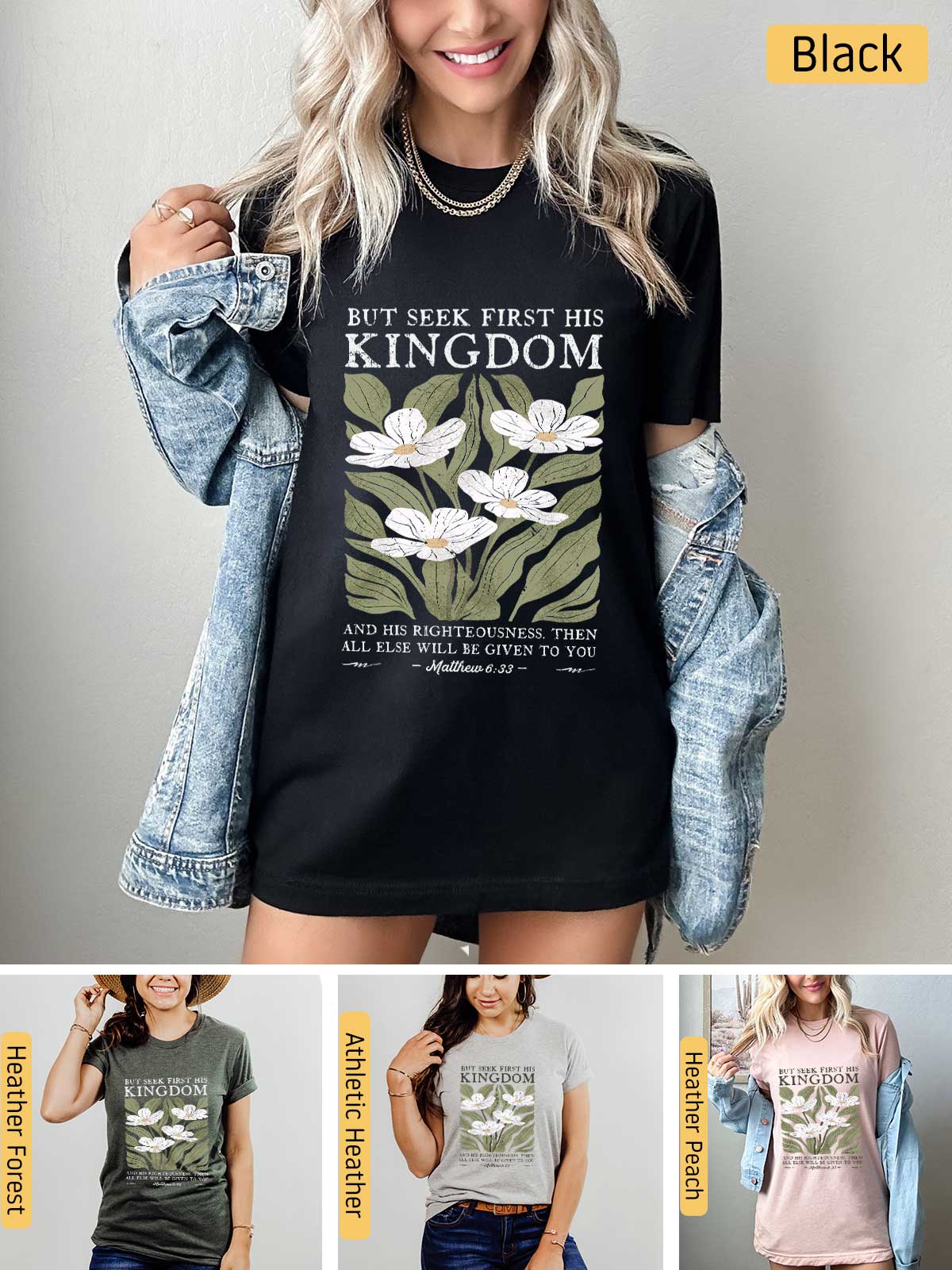 a woman wearing a t - shirt that says, but seek first he kingdom