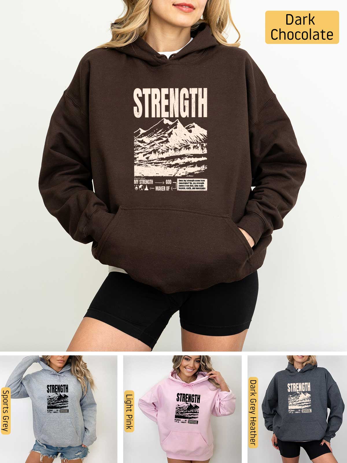 a woman wearing a hoodie with the words strength on it