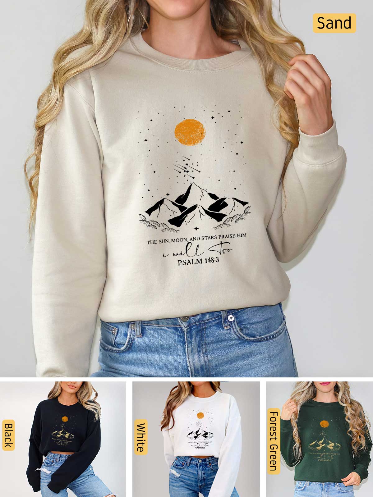 a woman wearing a sweatshirt with a mountain scene on it