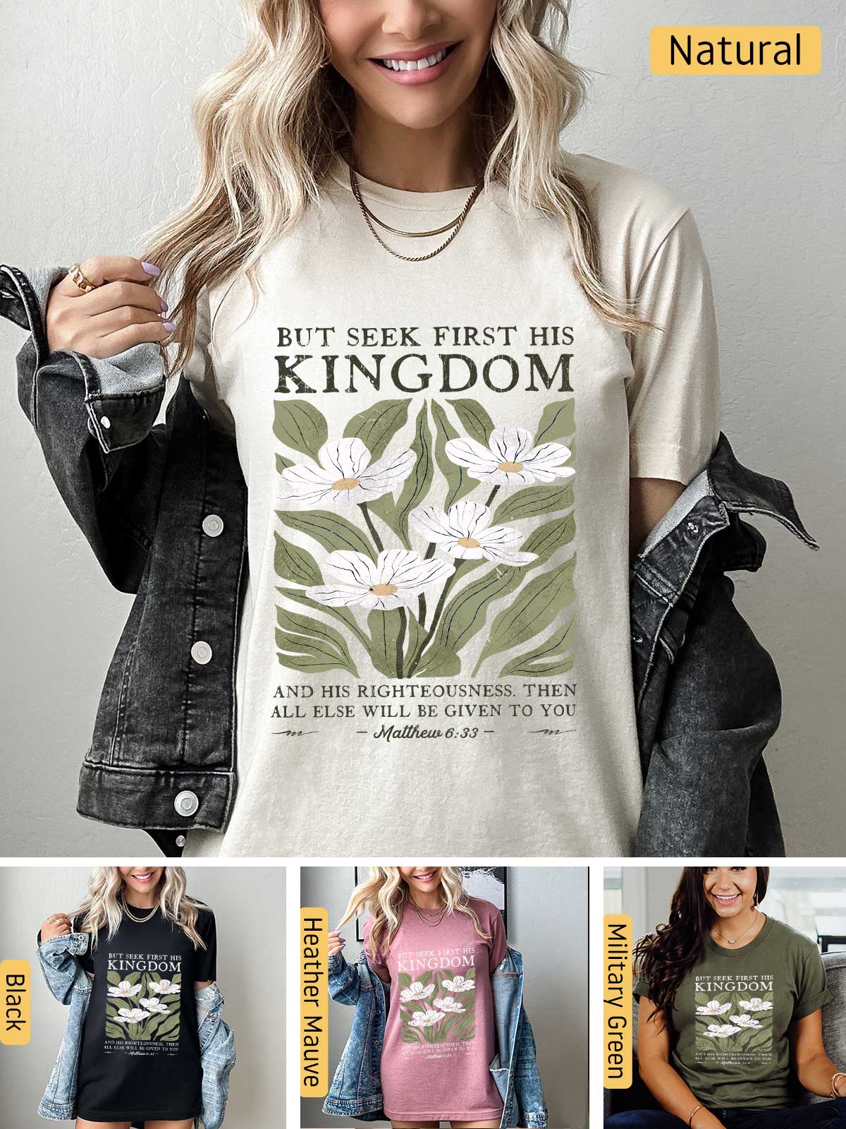 a woman wearing a t - shirt that says, but seek first his kingdom and