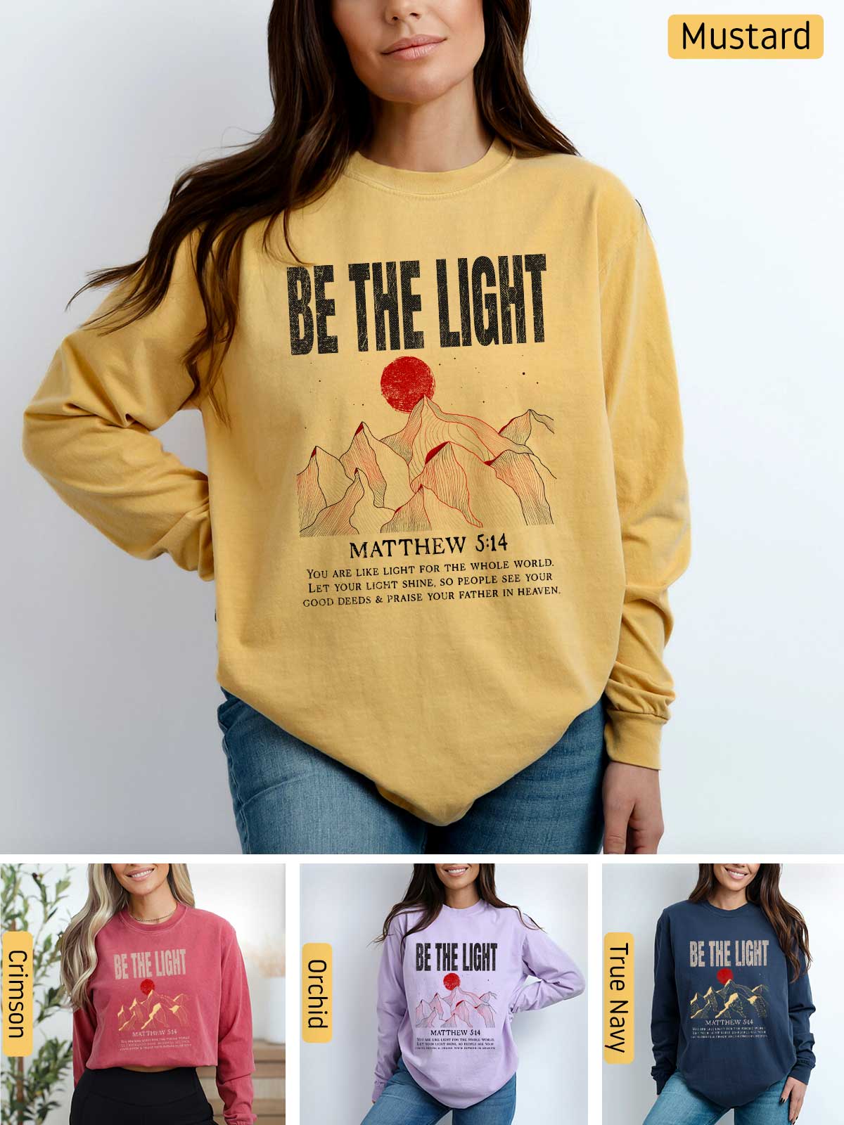 a woman wearing a sweatshirt that says be the light