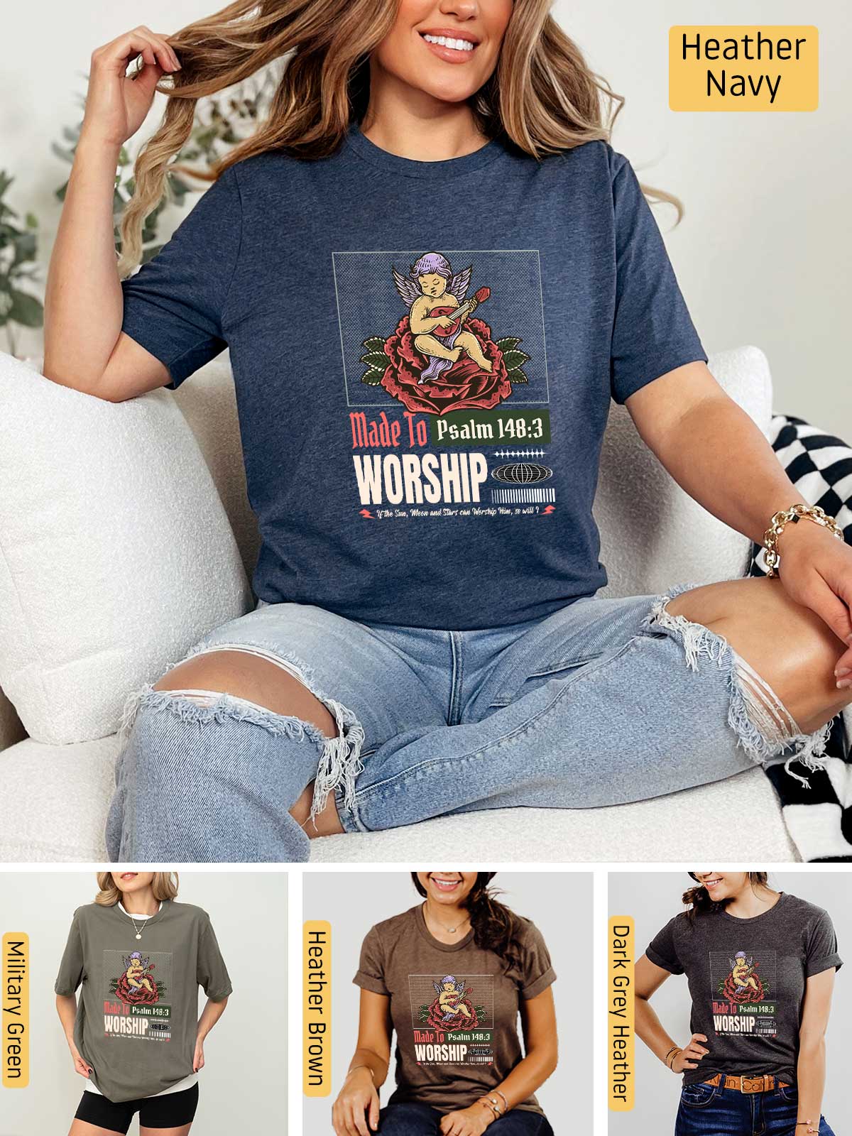 a woman sitting on a couch wearing a t - shirt