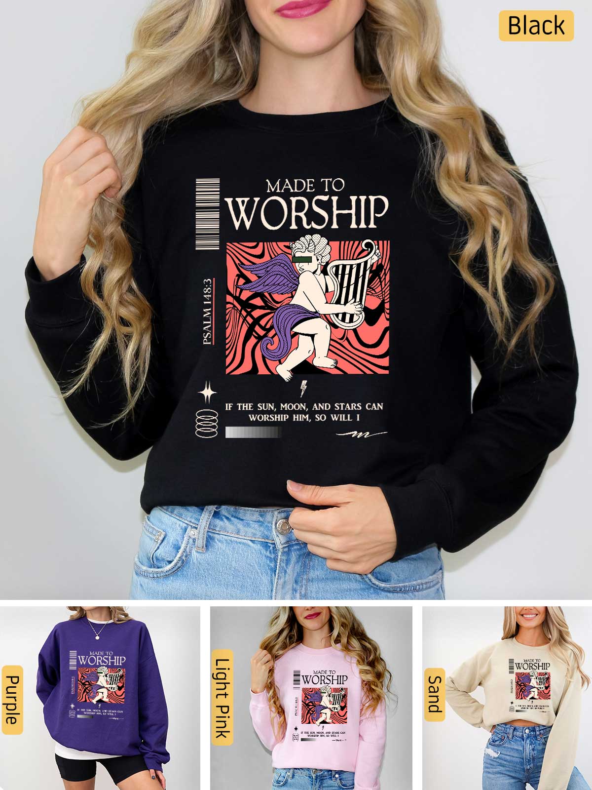 a woman wearing a sweatshirt with a graphic on it