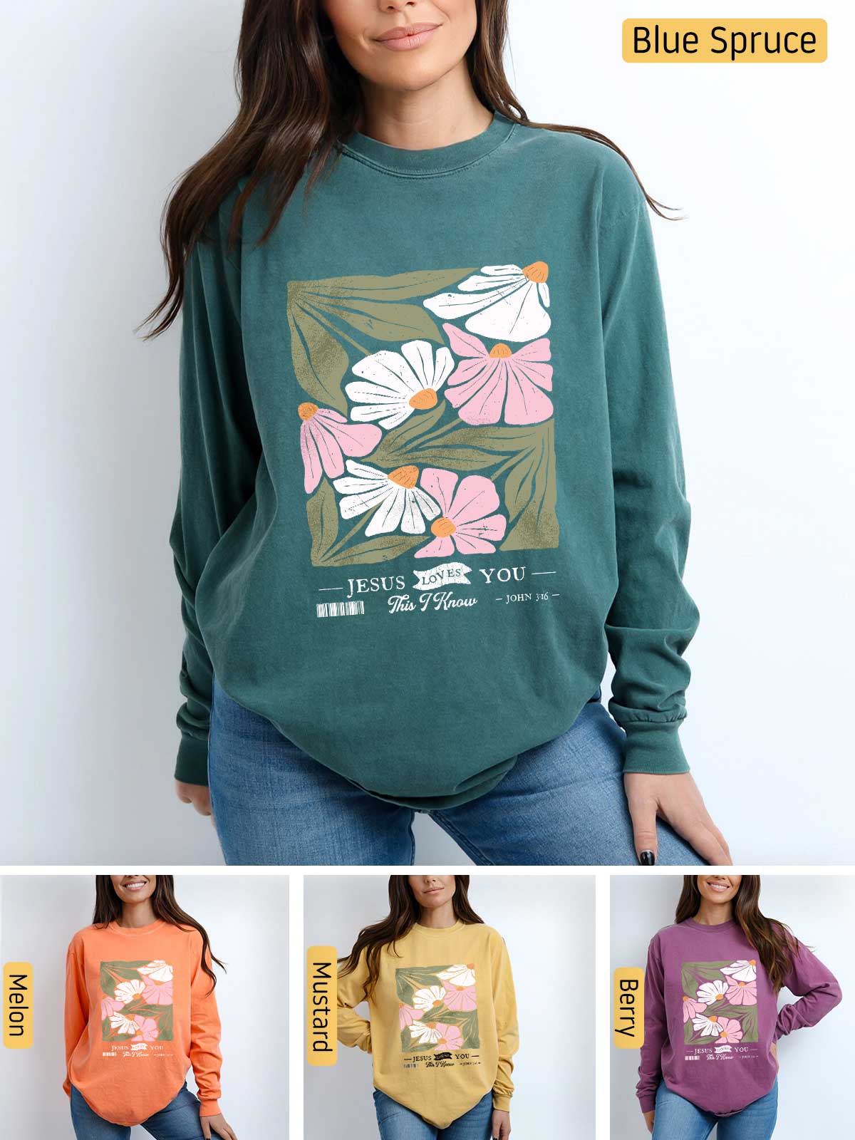 a woman wearing a sweatshirt with flowers on it