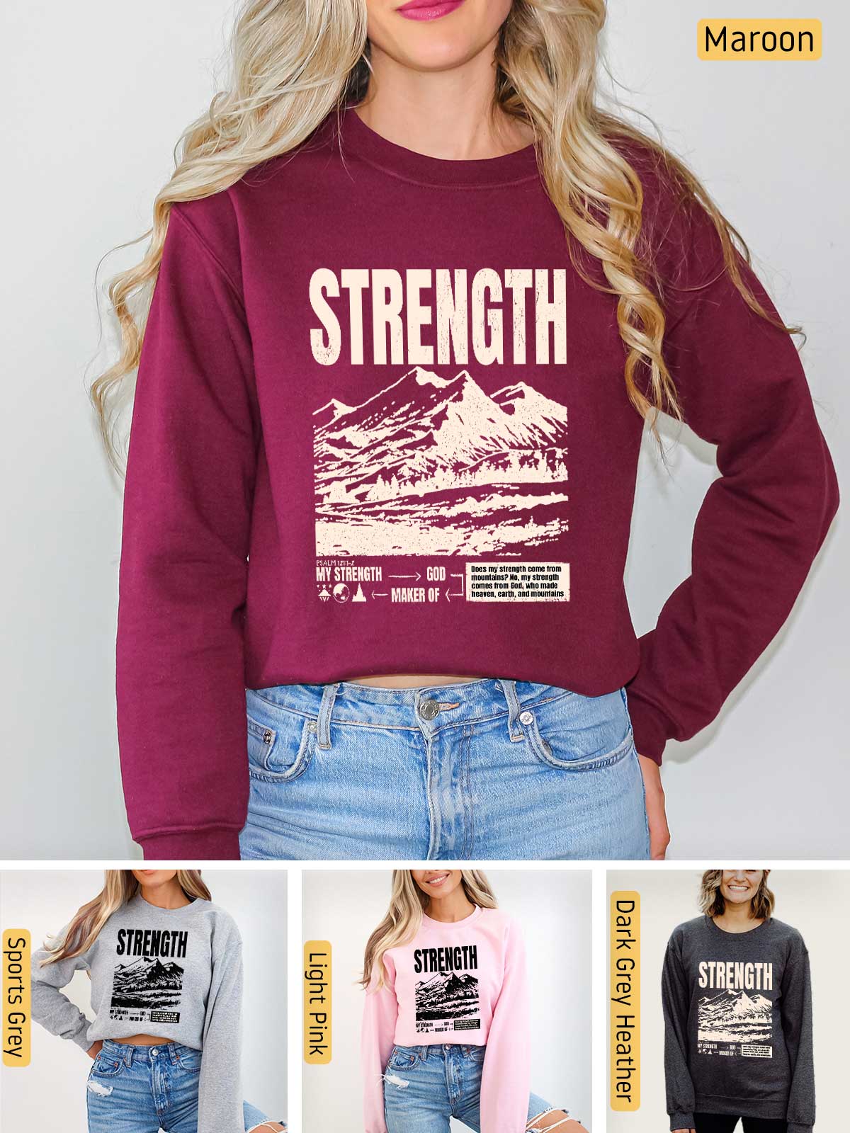 a woman wearing a sweatshirt that says strength