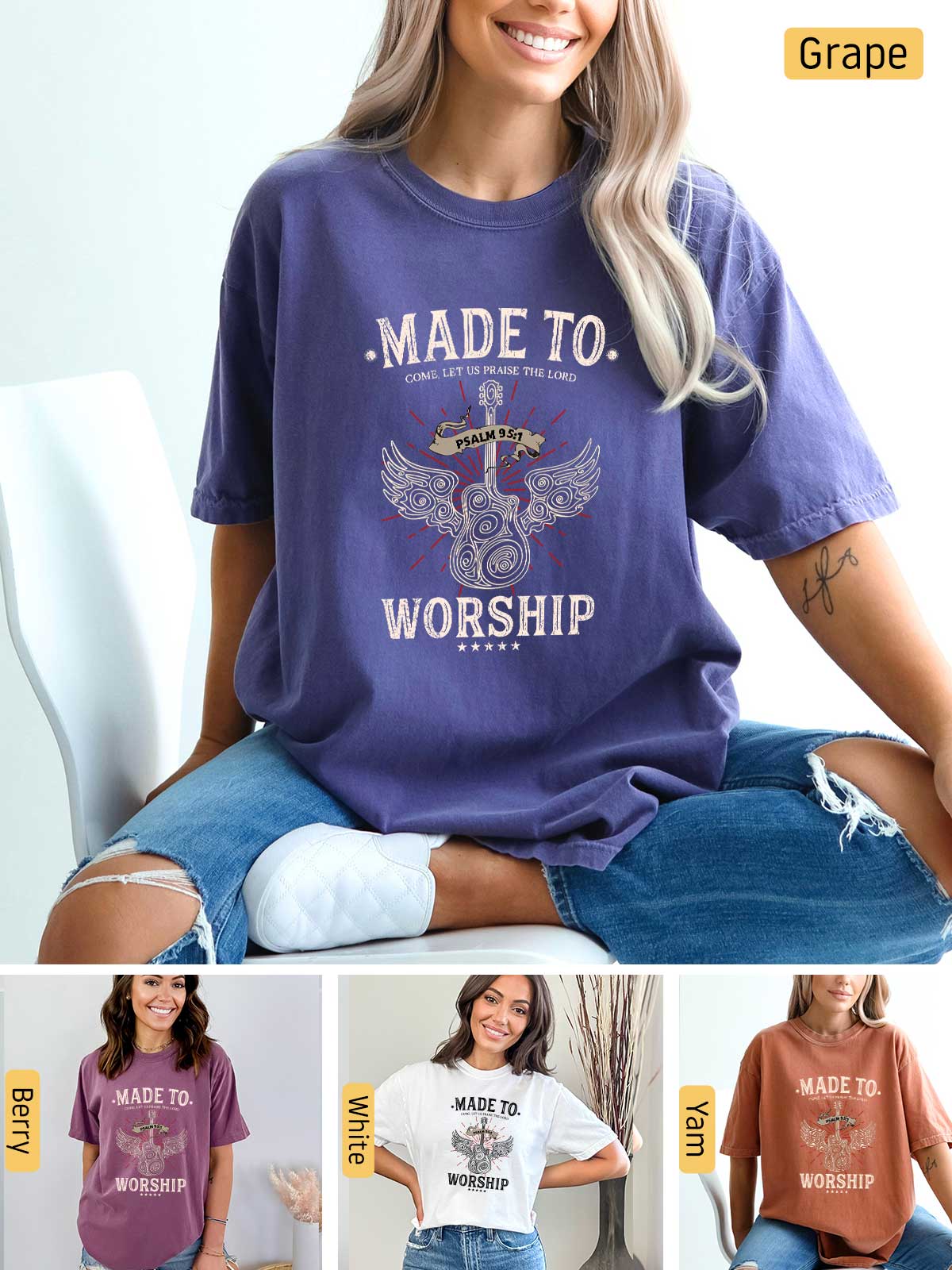 a woman wearing a t - shirt that says made to worship