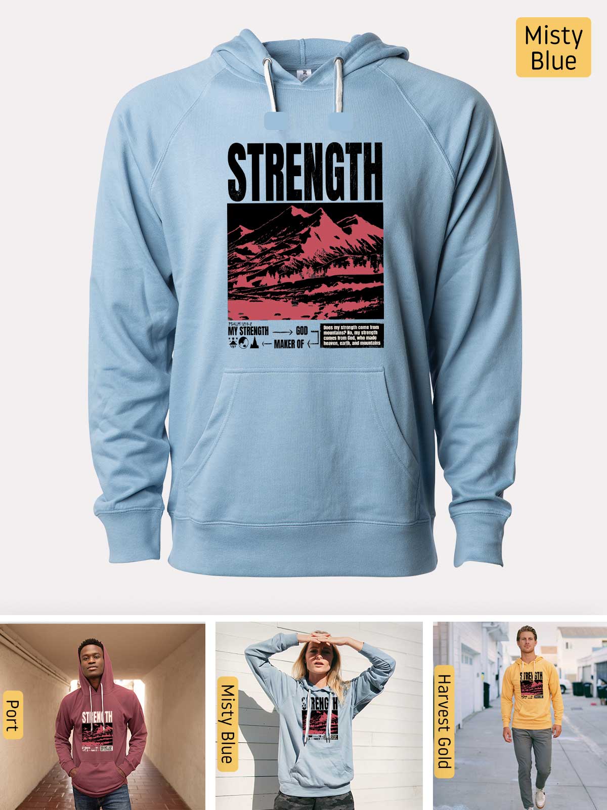 a blue hoodie with a picture of a man in the background