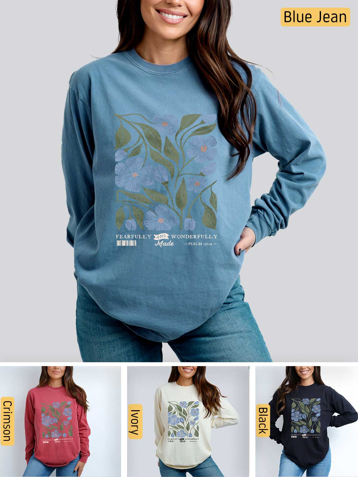 a woman wearing a blue jean sweatshirt with flowers on it