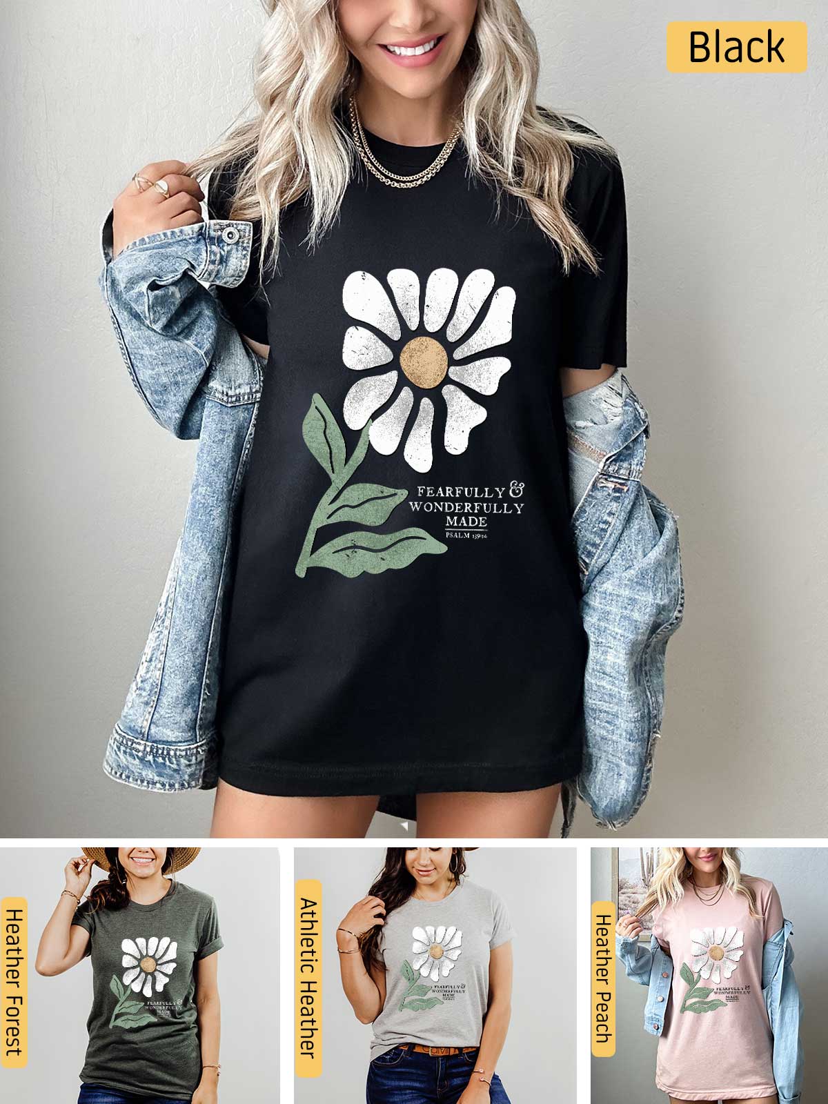 a woman wearing a t - shirt with a flower on it