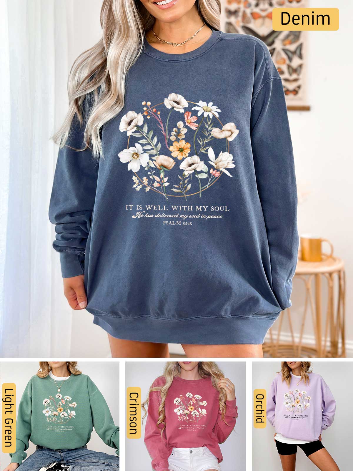 a woman wearing a sweatshirt with flowers on it