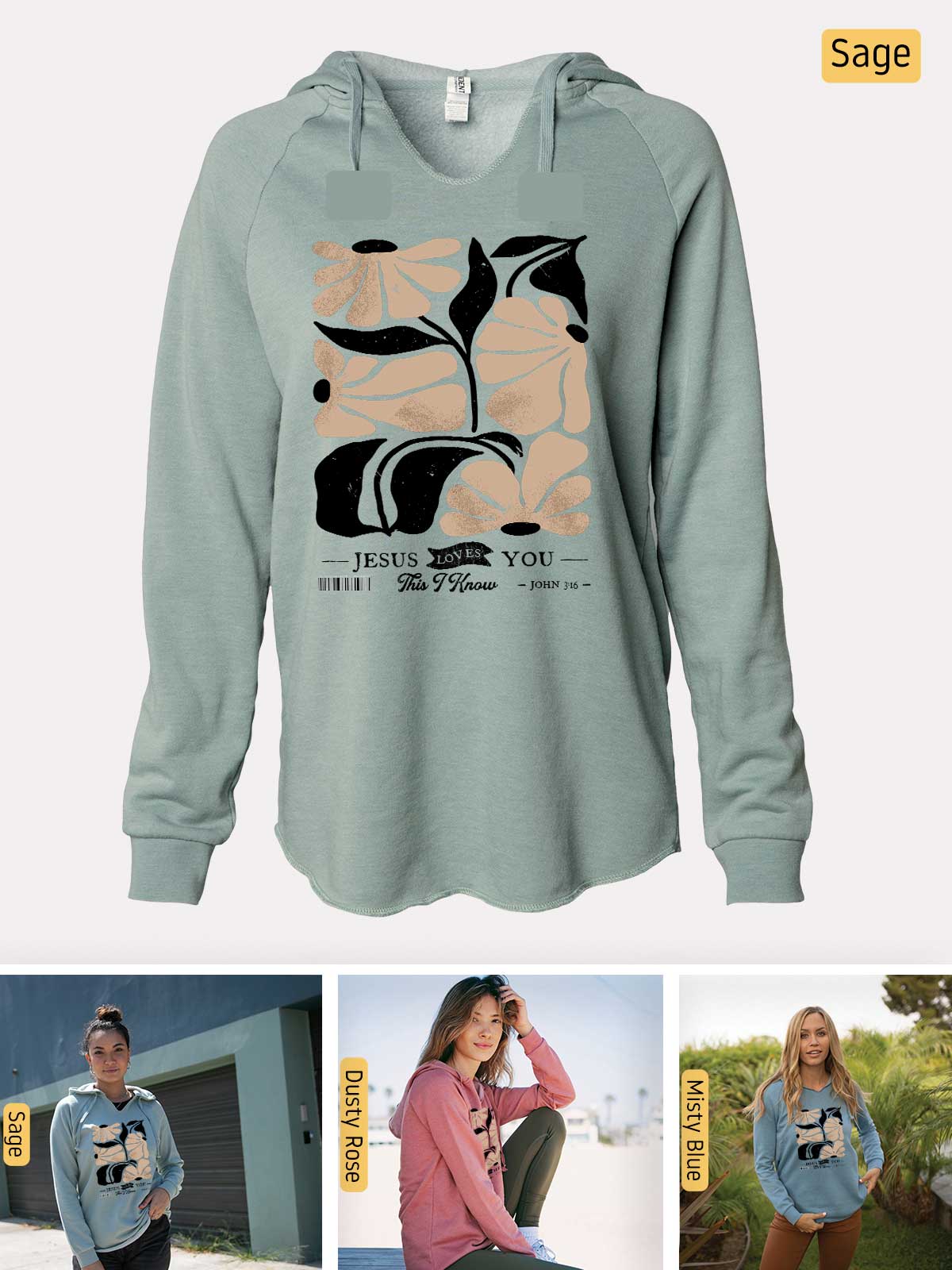 a women's sweatshirt with a picture of a woman sitting on a bench