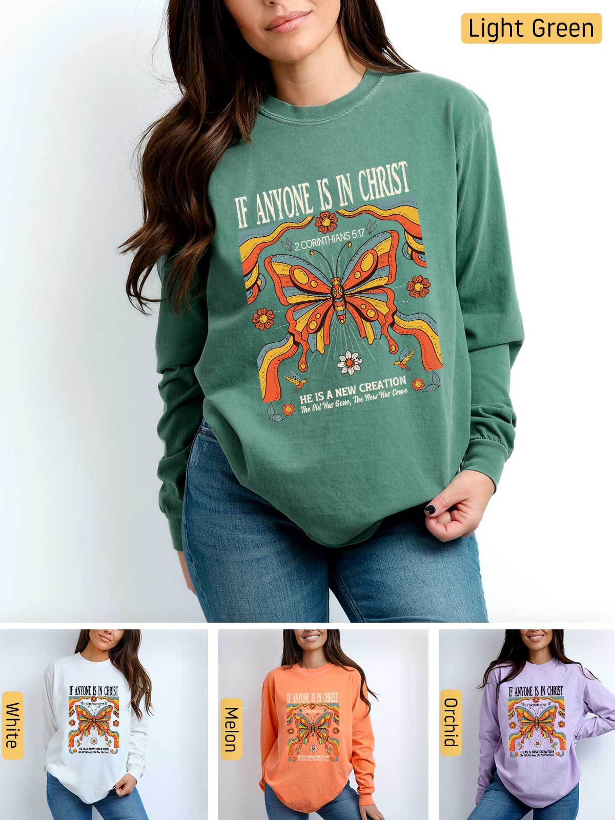 a woman wearing a sweatshirt with a butterfly on it