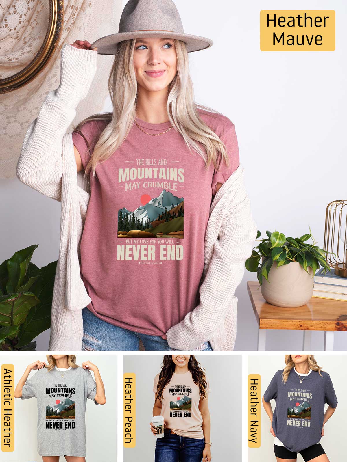 a woman wearing a hat and a t - shirt that says mountains never end