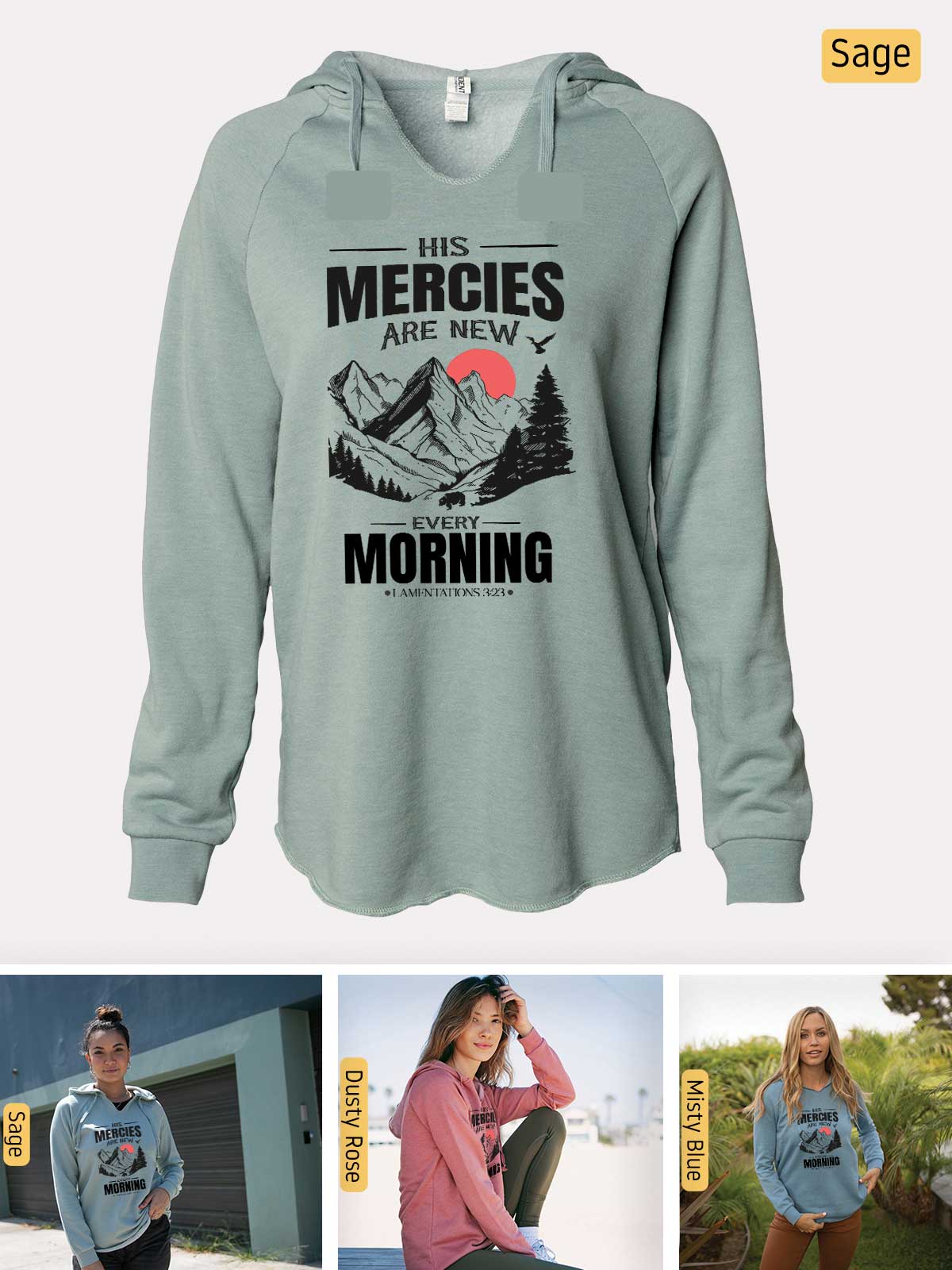 a woman wearing a sweatshirt with a mountain scene on it