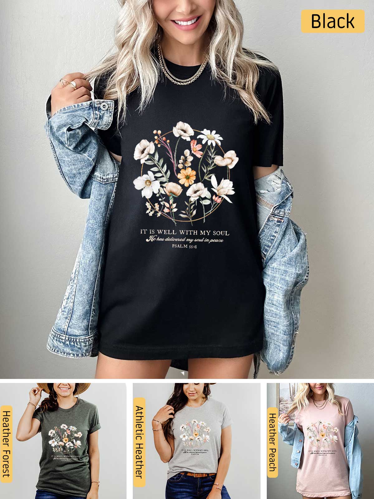 a woman wearing a t - shirt with flowers on it